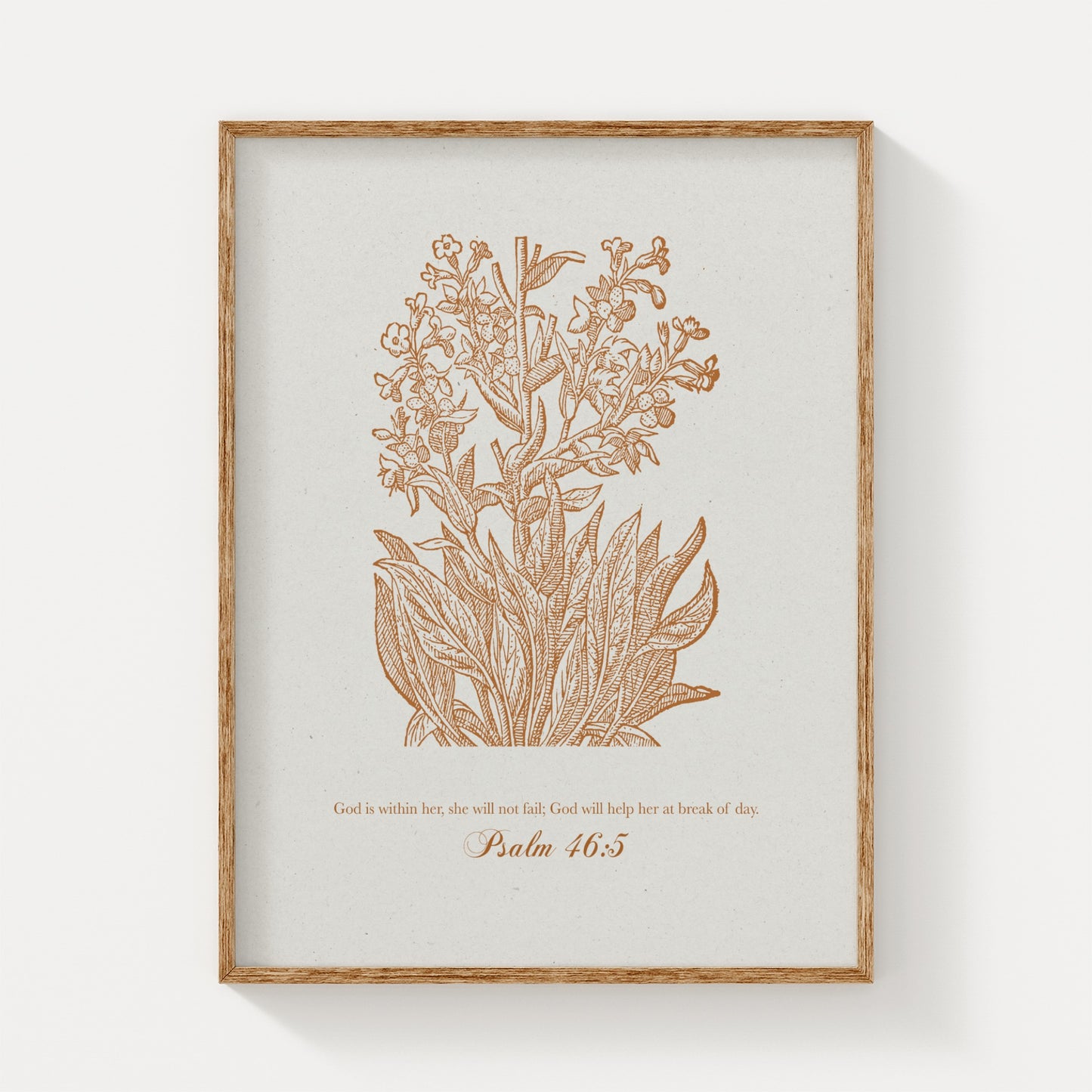 Vintage-inspired golden orange floral botanical art print featuring Psalm 46:5, displayed in a natural wood frame on a light beige background for a timeless look.