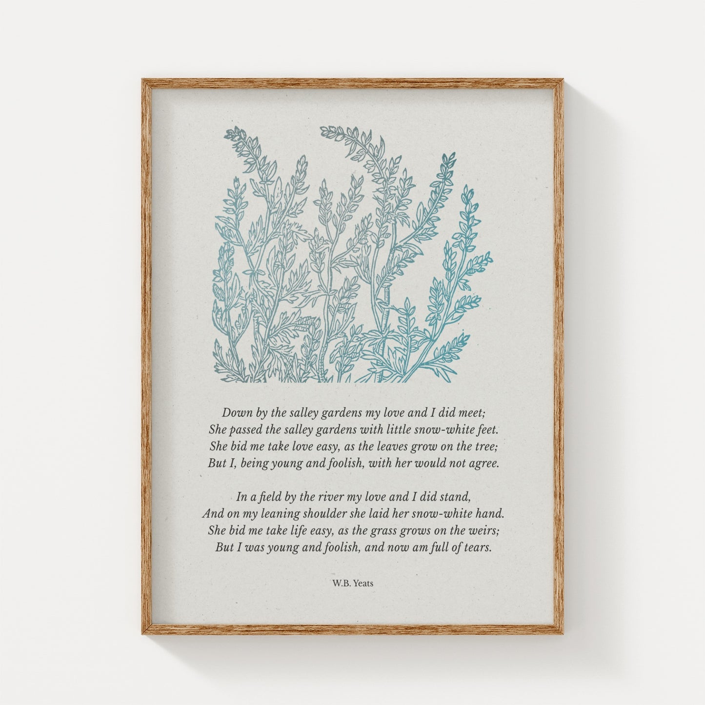 A vintage-inspired art print featuring W.B. Yeats’ poem “Down by the Salley Gardens,” paired with soft blue botanical illustrations, elegantly framed in natural wood on a neutral background.