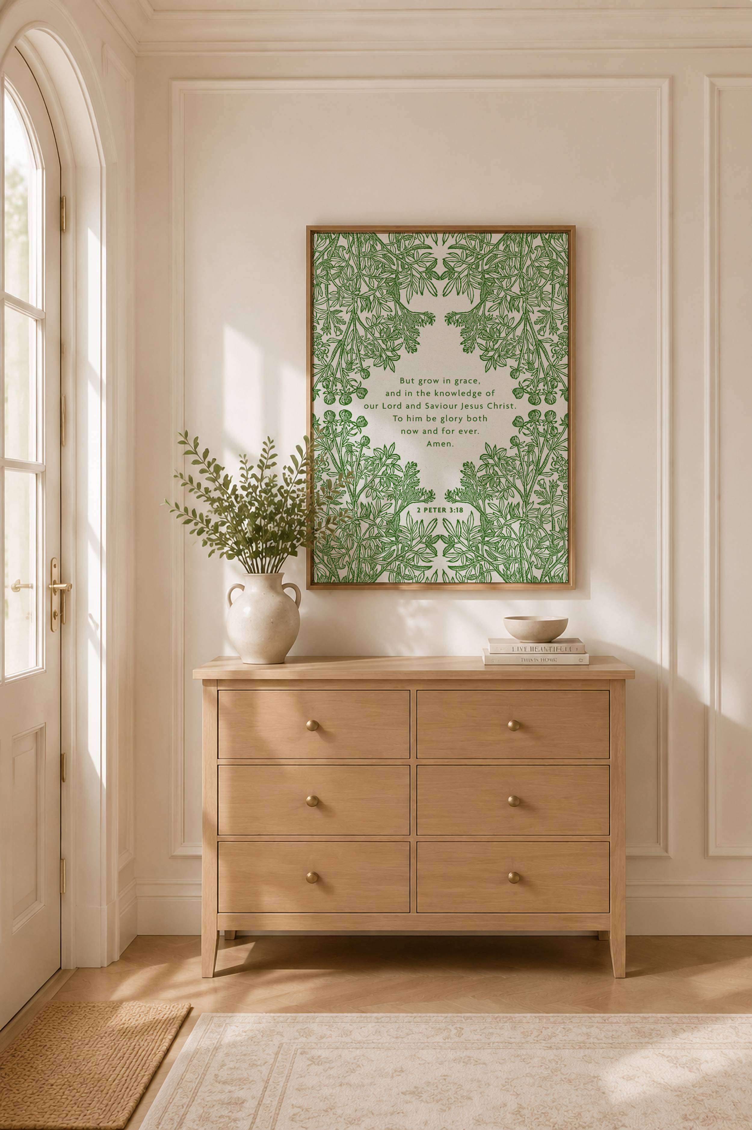 2 Peter 3:18 Grow in Grace - Green Botanical Border Wall Art