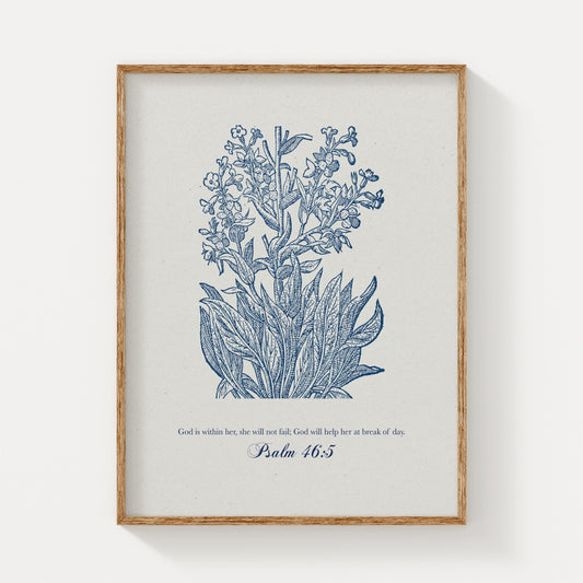 Botanical art print featuring delicate blue floral illustrations paired with the Bible verse Psalm 46:5, displayed in a natural wood frame on a light background.