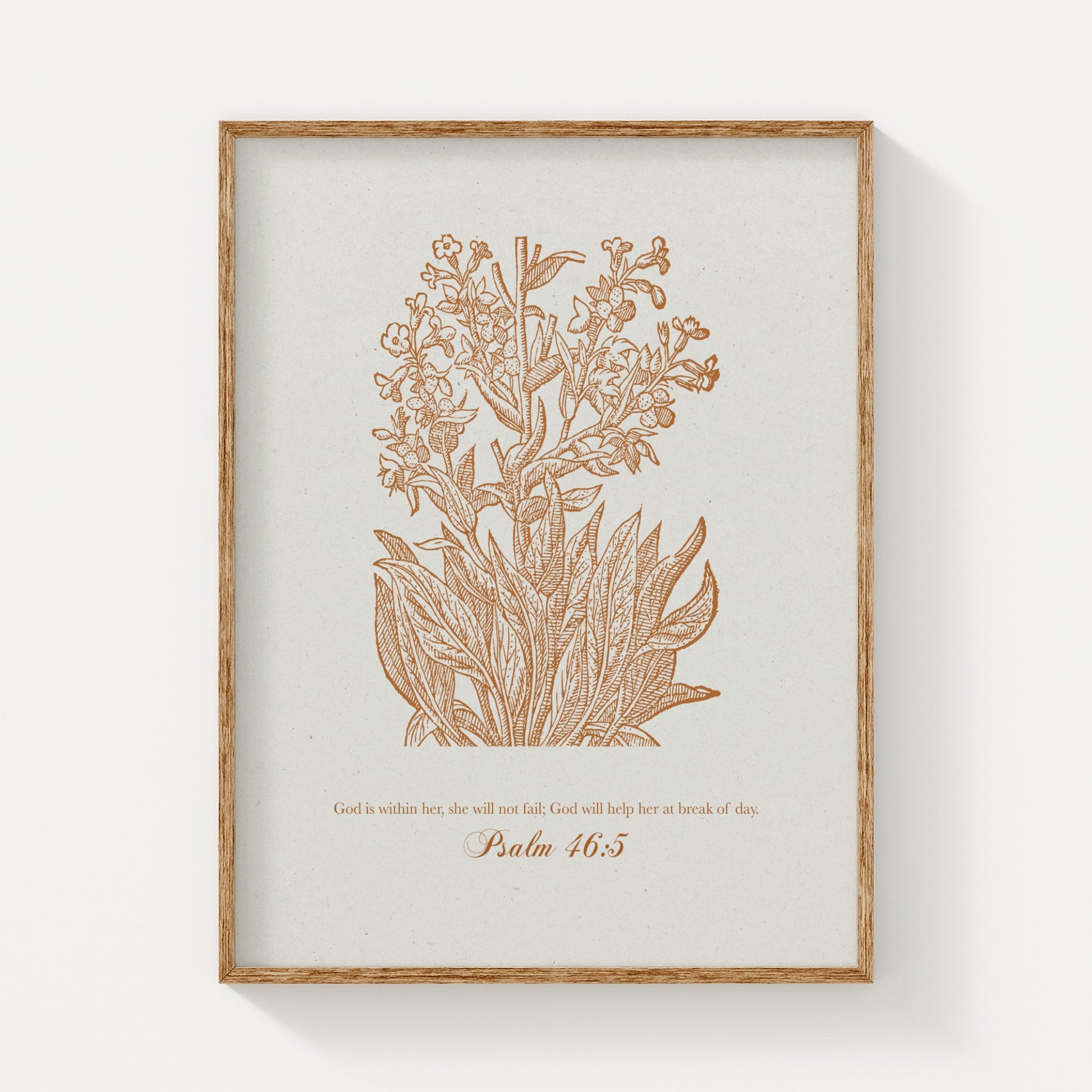 Vintage-inspired golden orange floral botanical art print featuring Psalm 46:5, displayed in a natural wood frame on a light beige background for a timeless look.