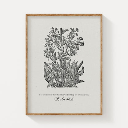 Vintage-inspired black floral botanical art print featuring Psalm 46:5, displayed in a natural wood frame on a light beige background for a timeless look.