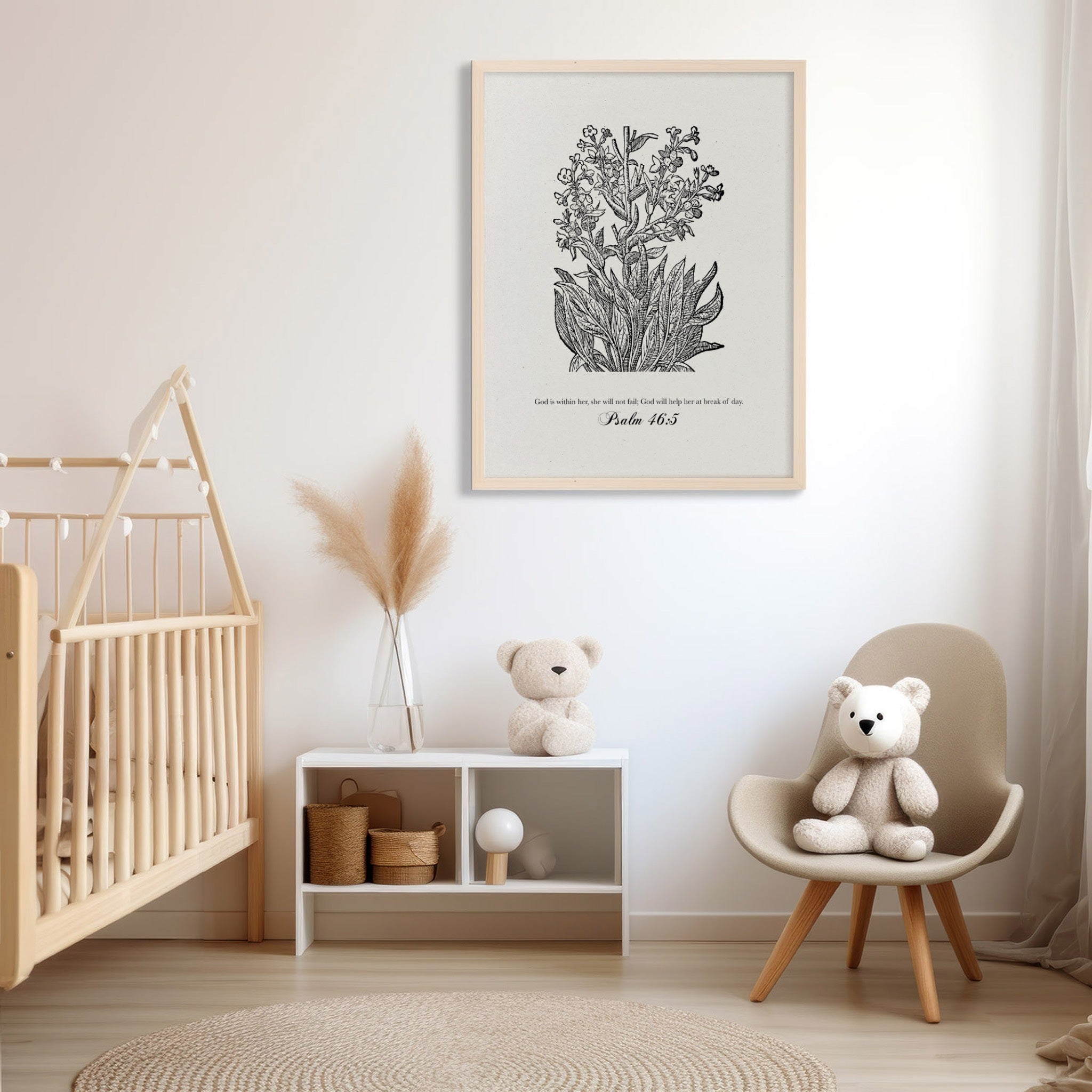 Psalm 46:5 art print with delicate black floral details, styled in a nursery with soft neutral tones, a wooden crib, and plush toys for a cozy ambiance.