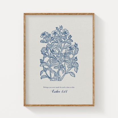 Botanical art print featuring intricate blue floral illustrations and the Bible verse Esther 4:14 in script, framed in natural wood on a white background.