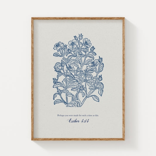Botanical art print featuring intricate blue floral illustrations and the Bible verse Esther 4:14 in script, framed in natural wood on a white background.