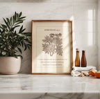 Jeremiah 29:11 botanical art print styled on a marble countertop, accompanied by a potted plant, amber bottles, and natural sunlight casting soft shadows.