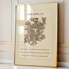 Close-up of the botanical art print featuring Proverbs 3:5-6, framed in gold and styled against an elegant paneled wall with soft light reflections.