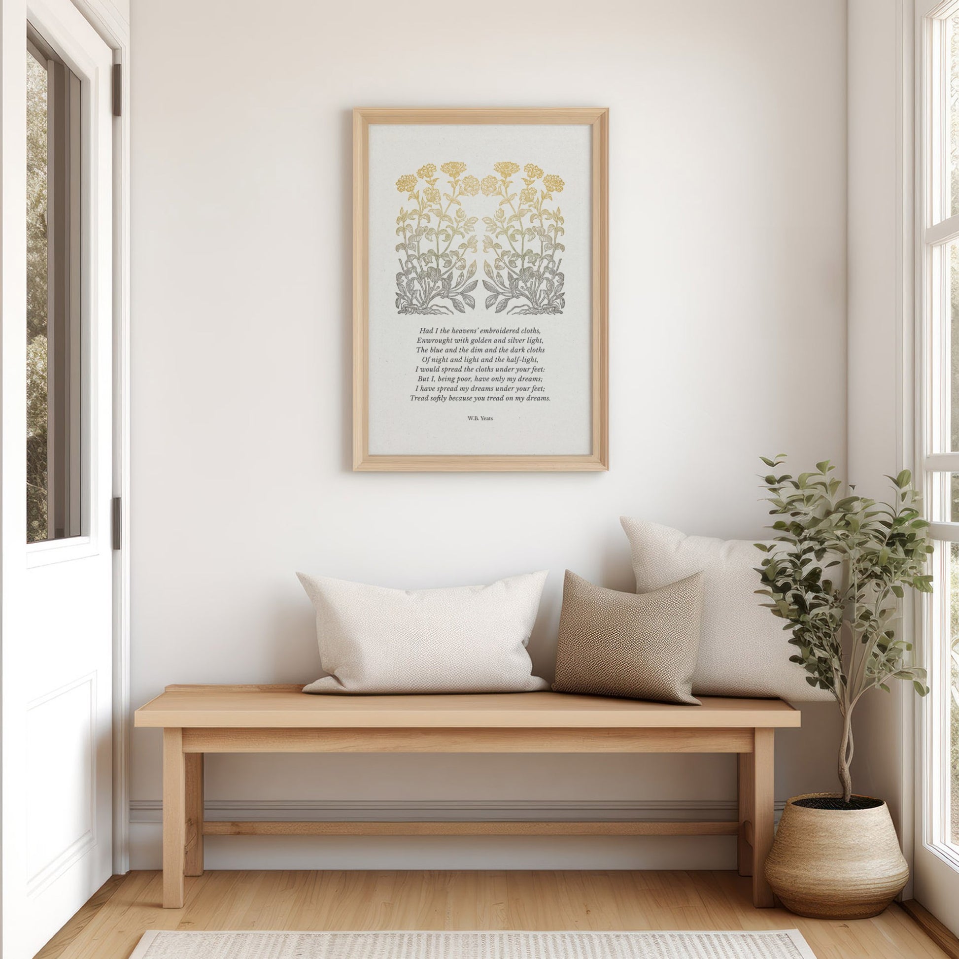 The framed poem displayed in a bright, minimalist entryway, positioned above a wooden bench with soft neutral cushions and greenery for a welcoming ambiance.