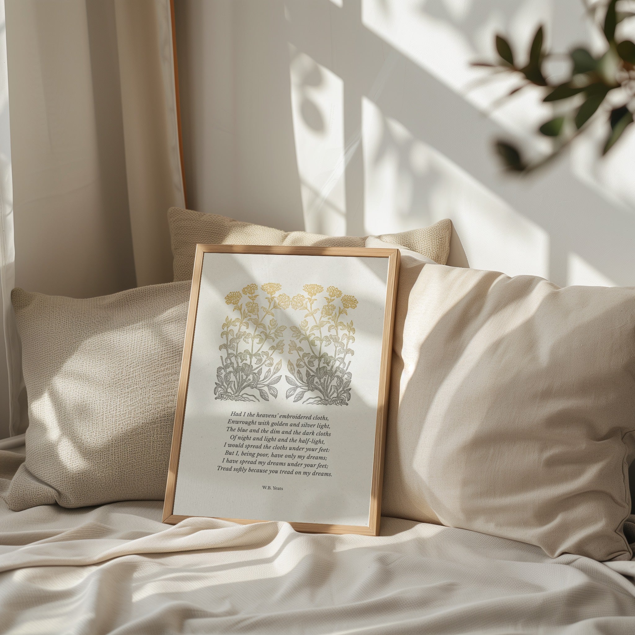 The Yeats print resting on a soft bed with light linens, illuminated by natural sunlight, creating a peaceful and reflective setting.