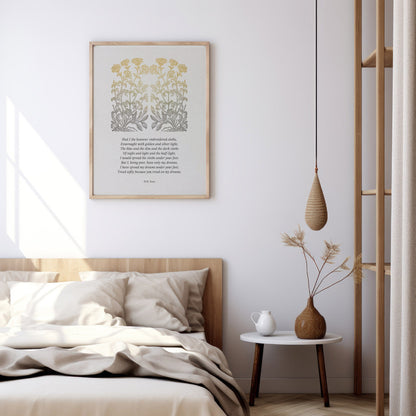 A styled bedroom view featuring the “He Wishes for the Cloths of Heaven” print hanging above the bed, complemented by warm tones and simple decor for a serene atmosphere.