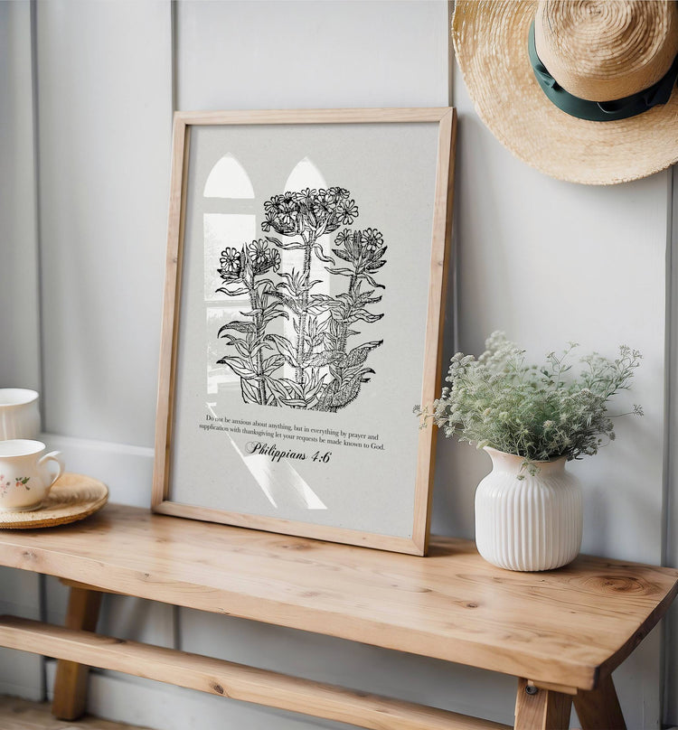 Philippians 4:6 – Vintage Botanical Scripture Print
