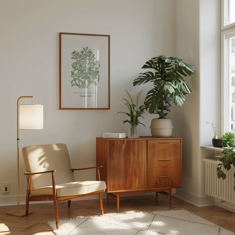 Esther Christian Art shown in a modern living room with wooden cabinet, chair, and plants