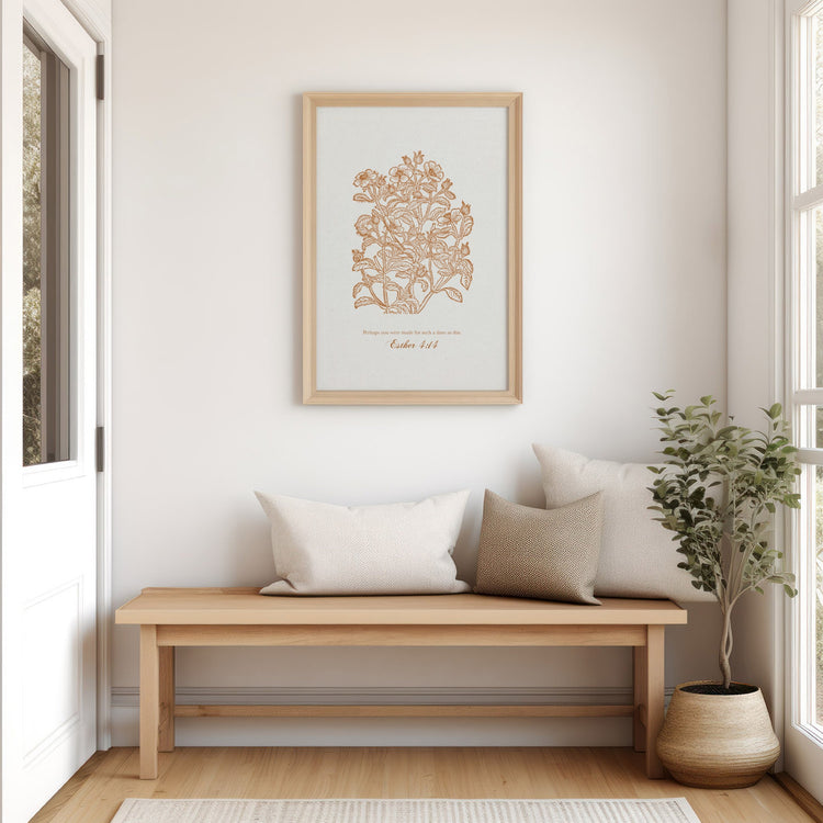 Esther 4:14 floral art shown above a bench in a hallway