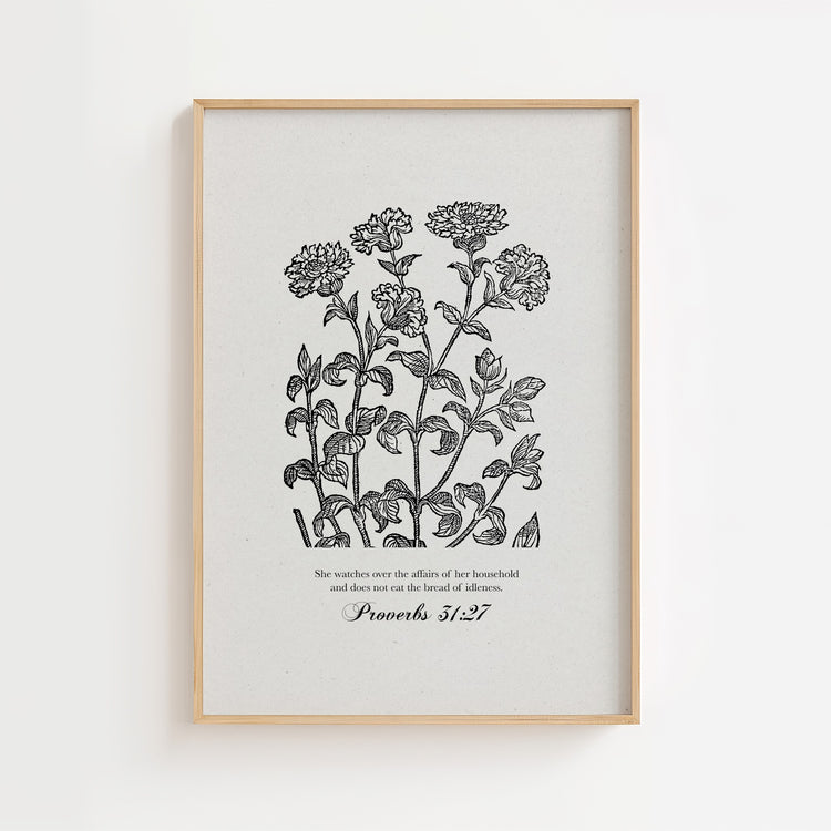 Proverbs 31:27 – Blue Botanical Scripture Print