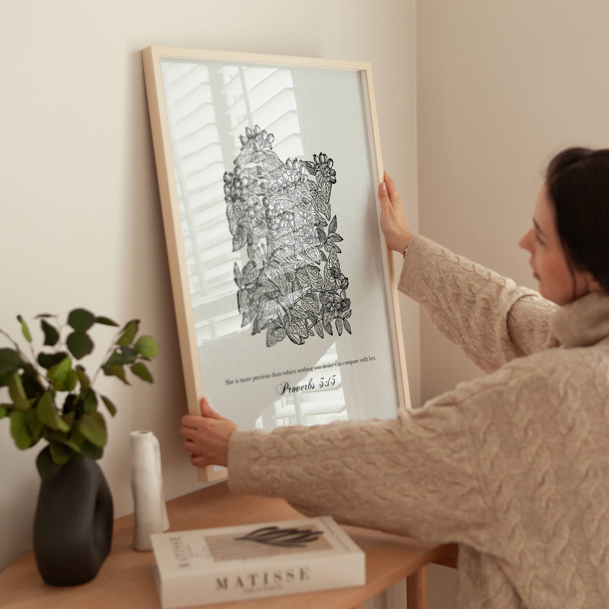 Proverbs 3:15 – More Precious Than Rubies Botanical Scripture Print