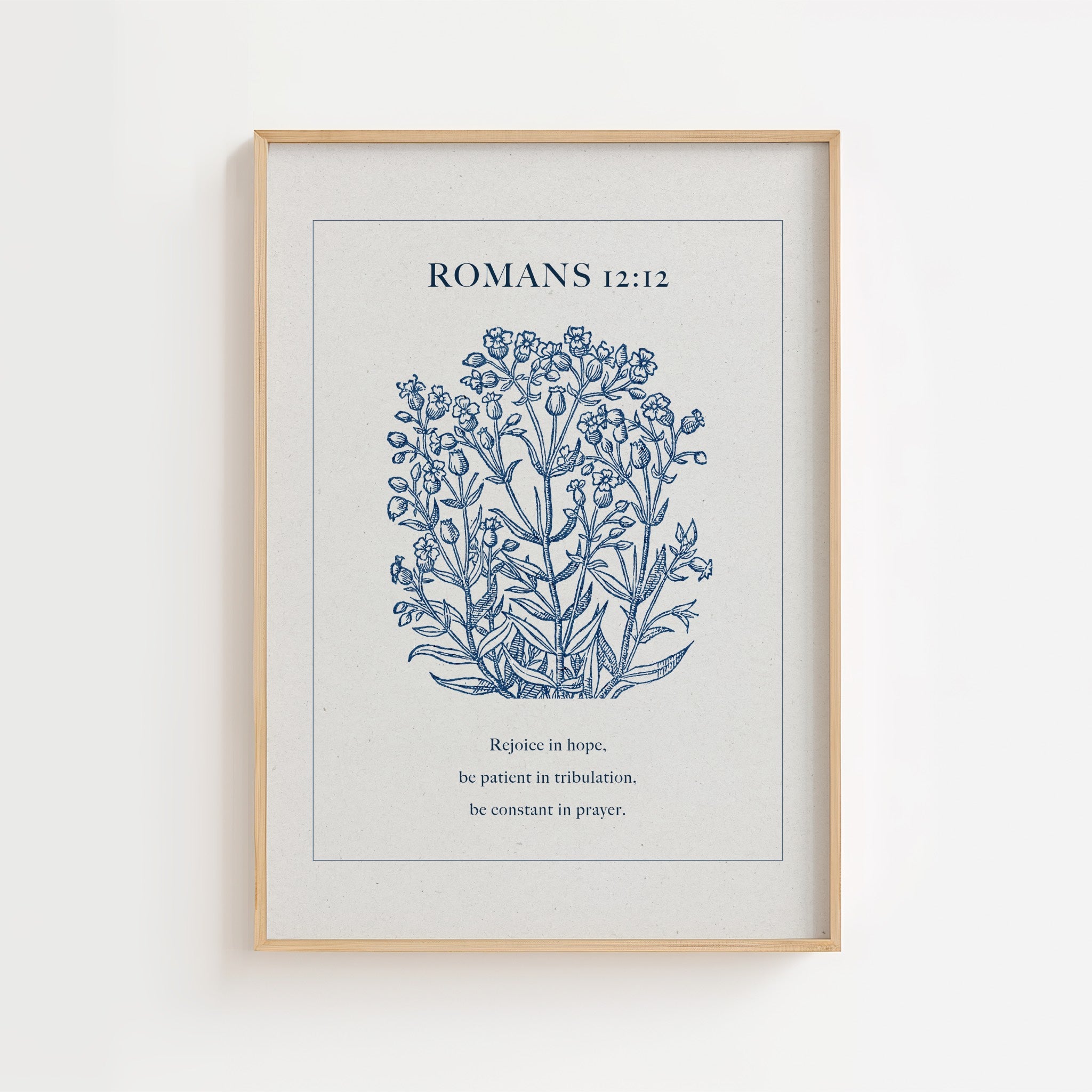 Romans 12:12 – Blue Vintage Botanical Scripture Print