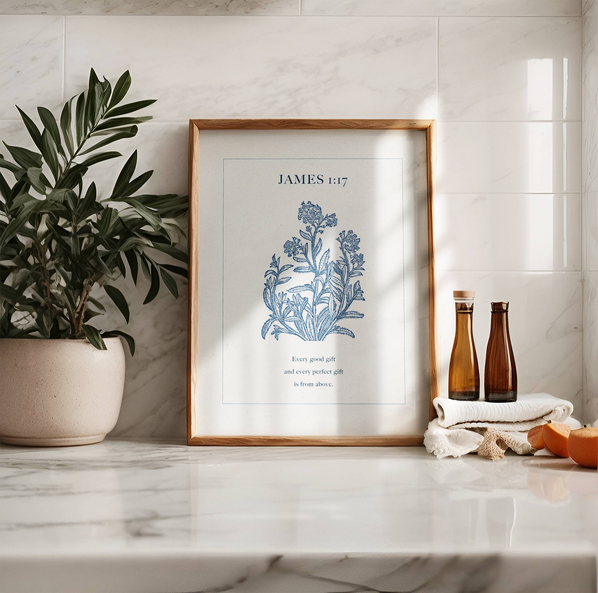James 1:17 – Every Good Gift Blue Botanical Scripture Print