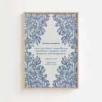Framed fruit of the Spirit artwork with blue floral design and text on a white background