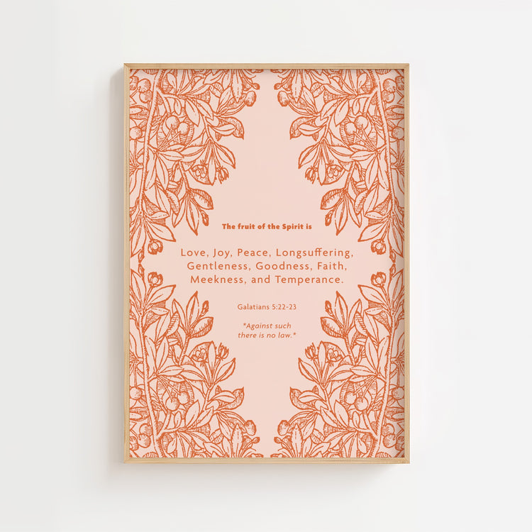 Decorative print with floral design and fruit of the Spirit Bible Verse on a light pink background