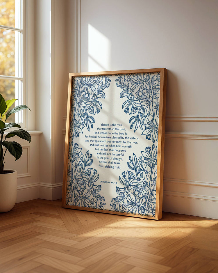 Jeremiah 17:7-8 – Blue Floral Cross Botanical Scripture Print