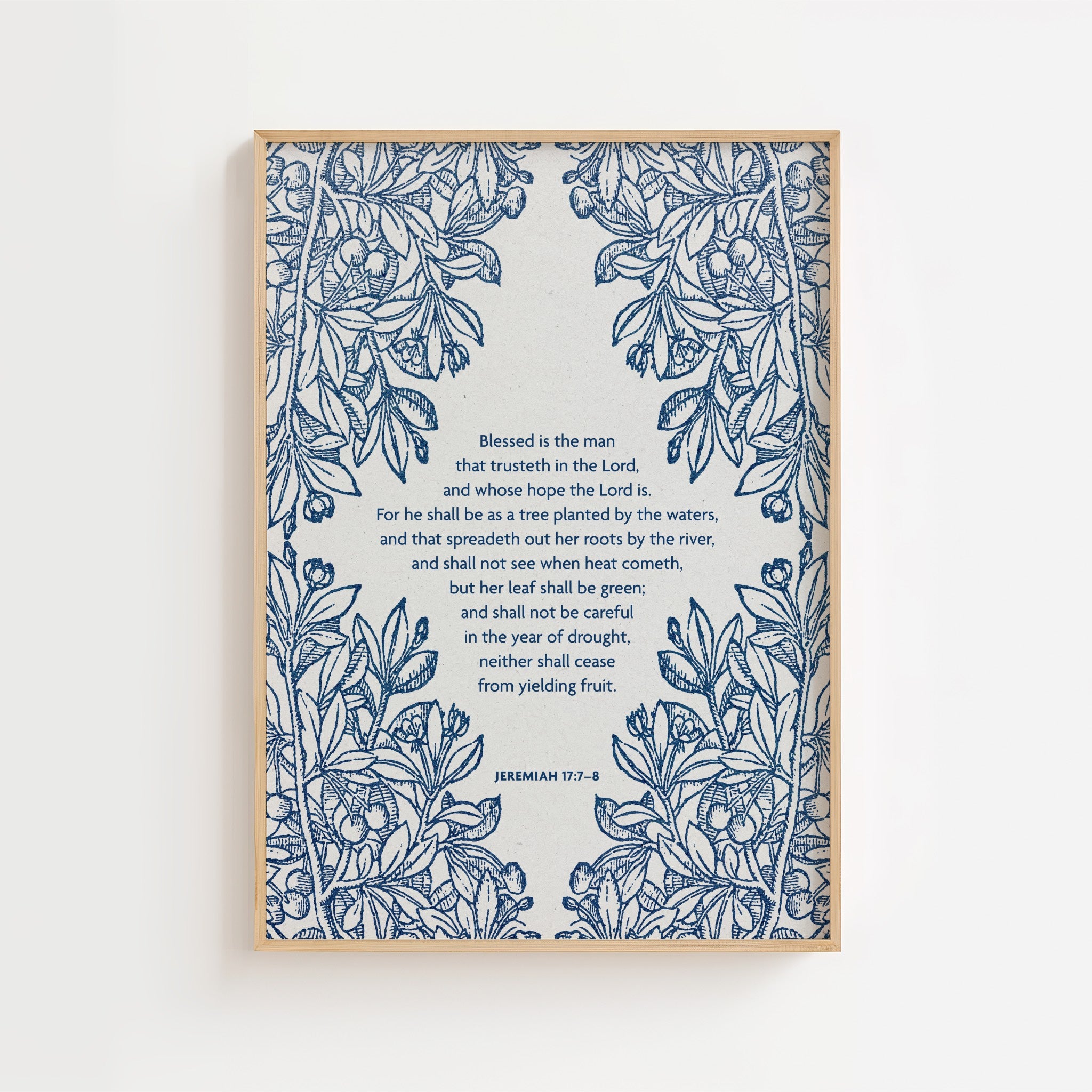 Jeremiah 17:7-8 – Blue Floral Cross Botanical Scripture Print