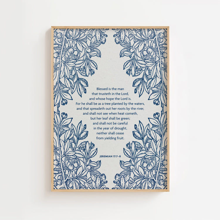 Jeremiah 17:7-8 – Blue Floral Cross Botanical Scripture Print