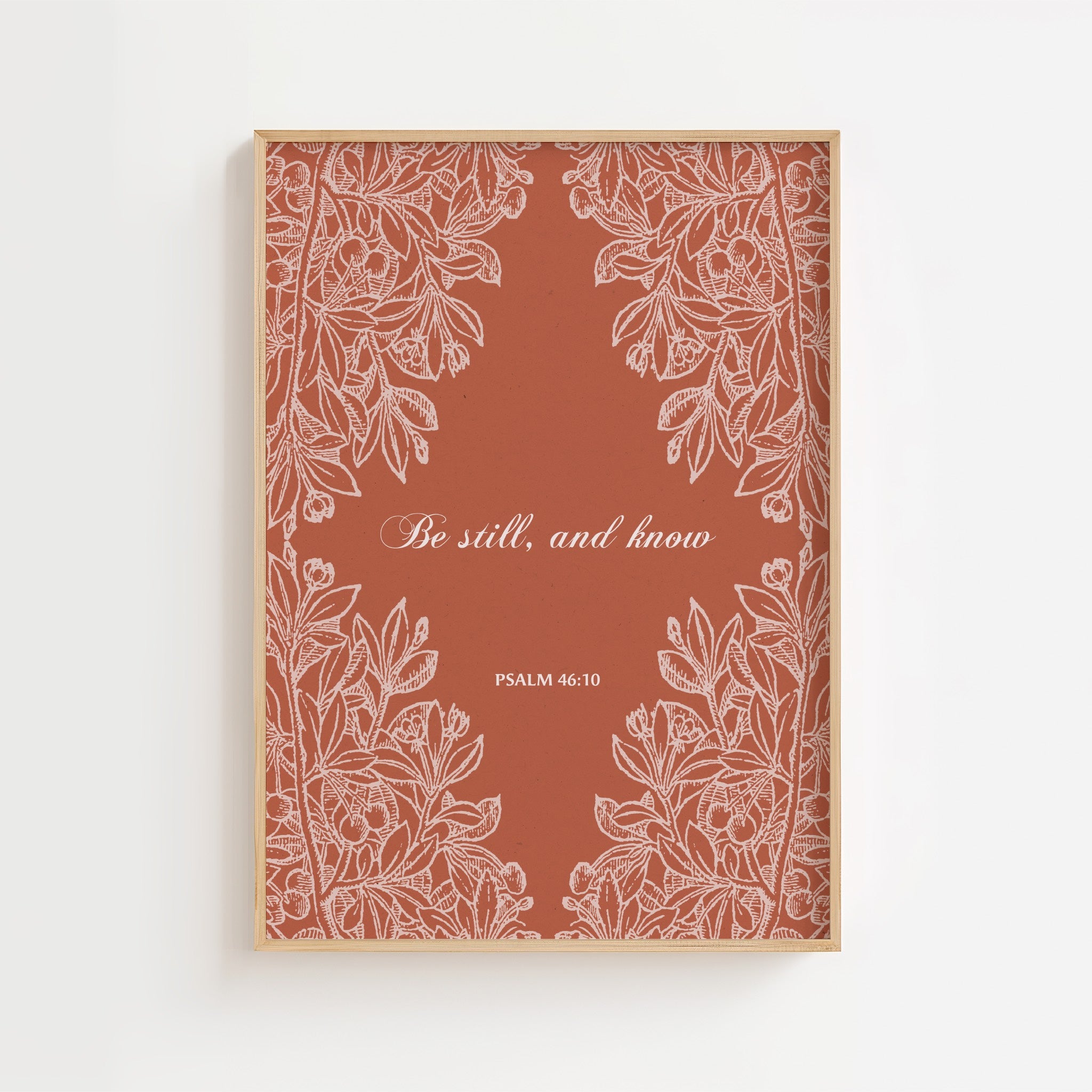 Psalm 46:10 – Terracotta Floral Cross Scripture Print