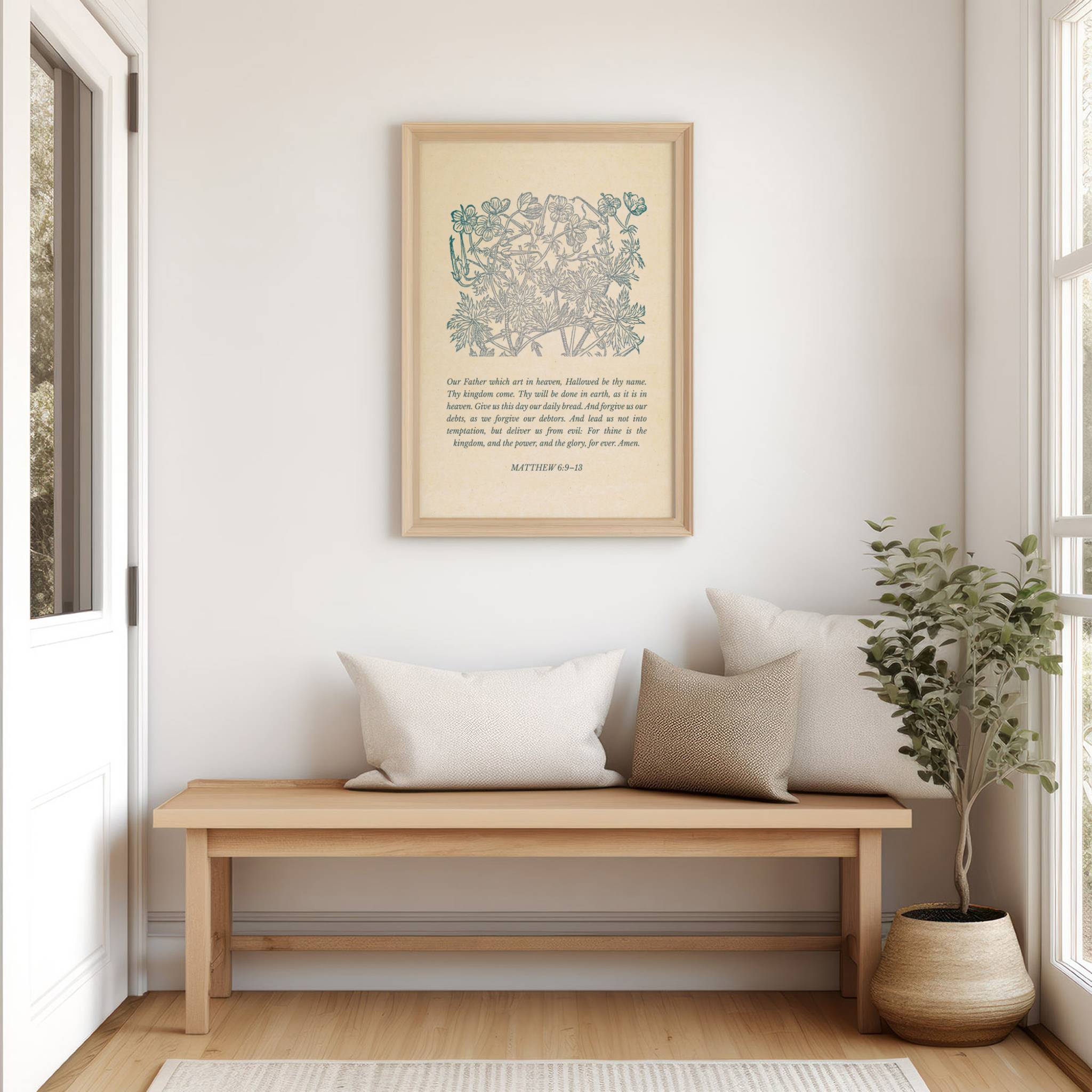 Matthew 6:9 – The Lord’s Prayer Blue Floral Scripture Print