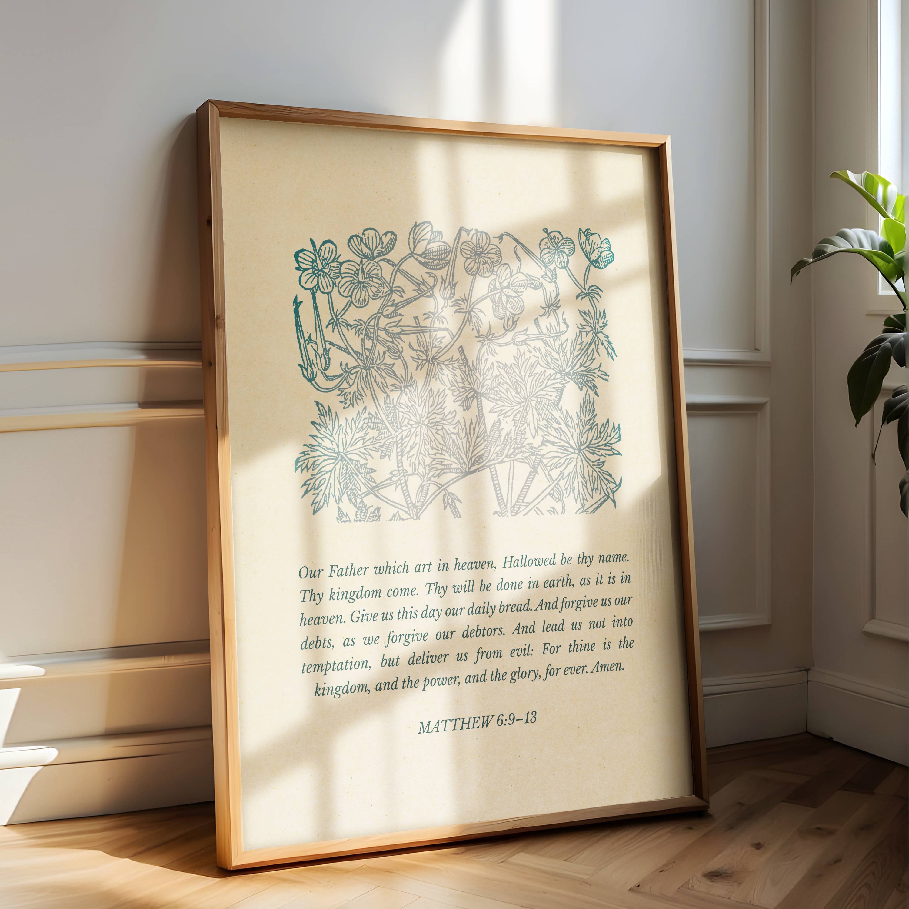 Matthew 6:9 – The Lord’s Prayer Blue Floral Scripture Print
