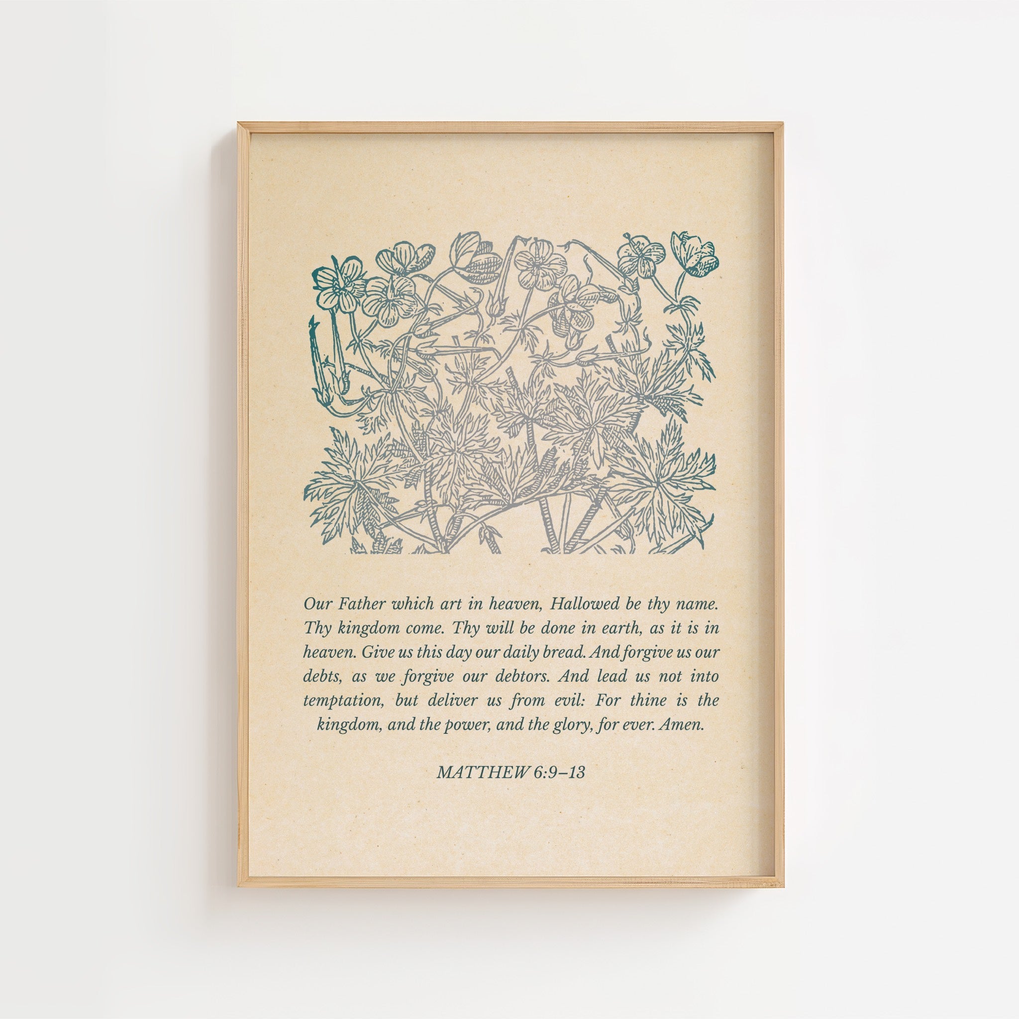 Matthew 6:9 – The Lord’s Prayer Blue Floral Scripture Print