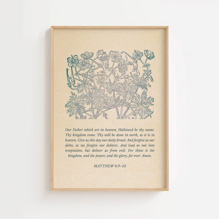 Matthew 6:9 – The Lord’s Prayer Blue Floral Scripture Print