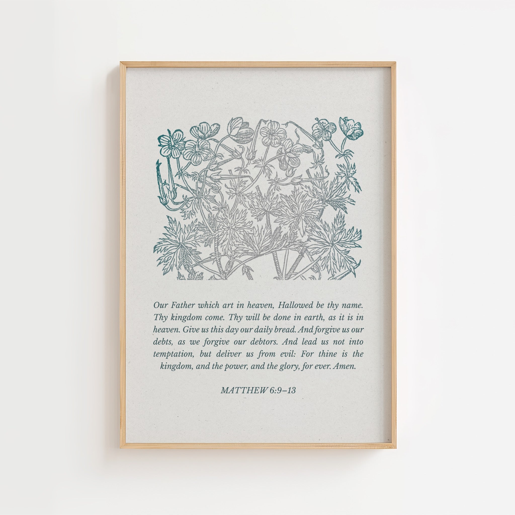 Matthew 6:9 – The Lord’s Prayer Blue Floral Scripture Print