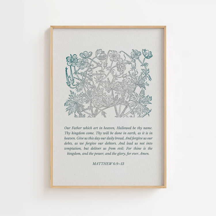 Matthew 6:9 – The Lord’s Prayer Blue Floral Scripture Print
