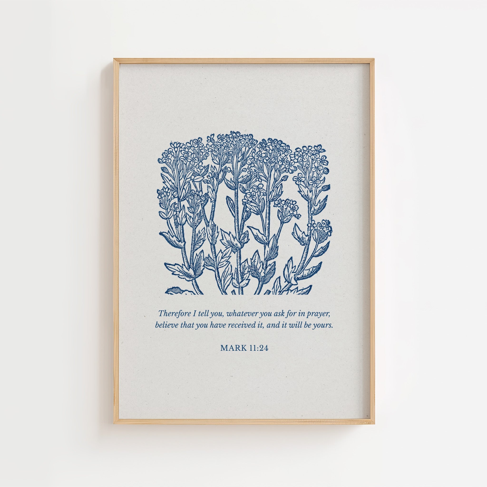 Mark 11:24 – Navy Botanical Scripture Print