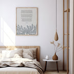 A serene bedroom setting showcasing the framed Yeats poem print above a wooden bed with cozy linens, adding a touch of literary charm and calmness.