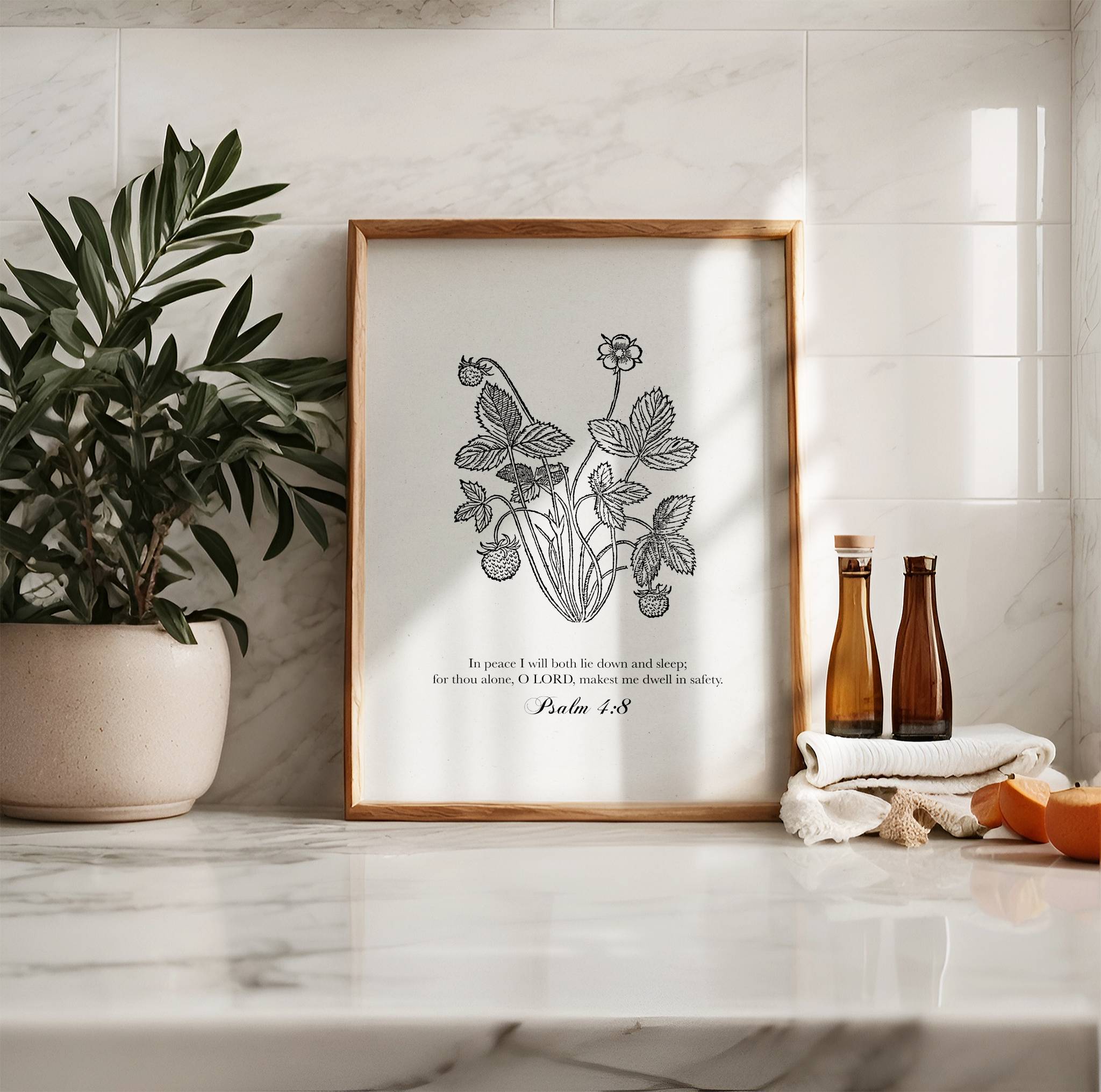 Psalm 4:8 Scripture Wall Art - In Peace I Will Sleep Strawberry Print - Reflourish Collective