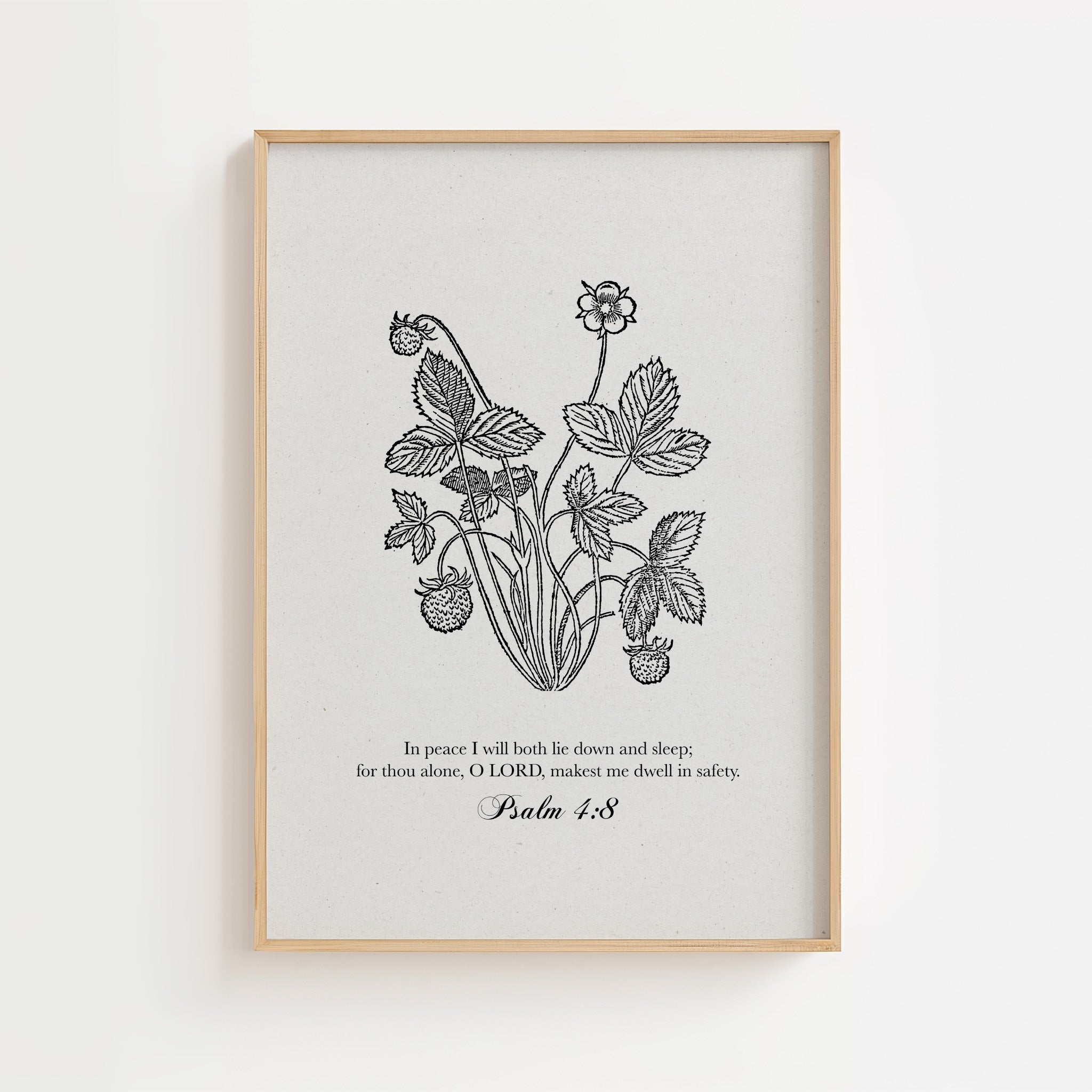 Psalm 4:8 – Botanical Strawberry Scripture Print