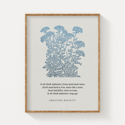 Botanical art print featuring delicate blue wildflowers and a quote by Christina Rossetti, framed in natural wood and displayed on a neutral background.