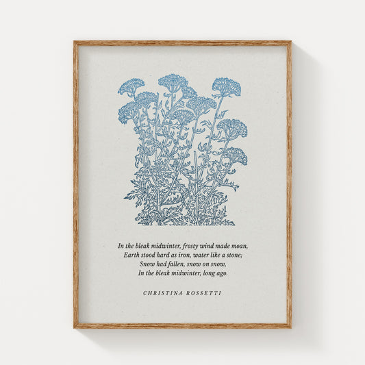 Botanical art print featuring delicate blue wildflowers and a quote by Christina Rossetti, framed in natural wood and displayed on a neutral background.