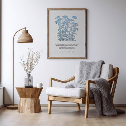 Botanical art print featuring blue wildflowers and a quote by Christian Rossetti, styled in a serene living room with a natural wood chair, side table, and vase of branches.