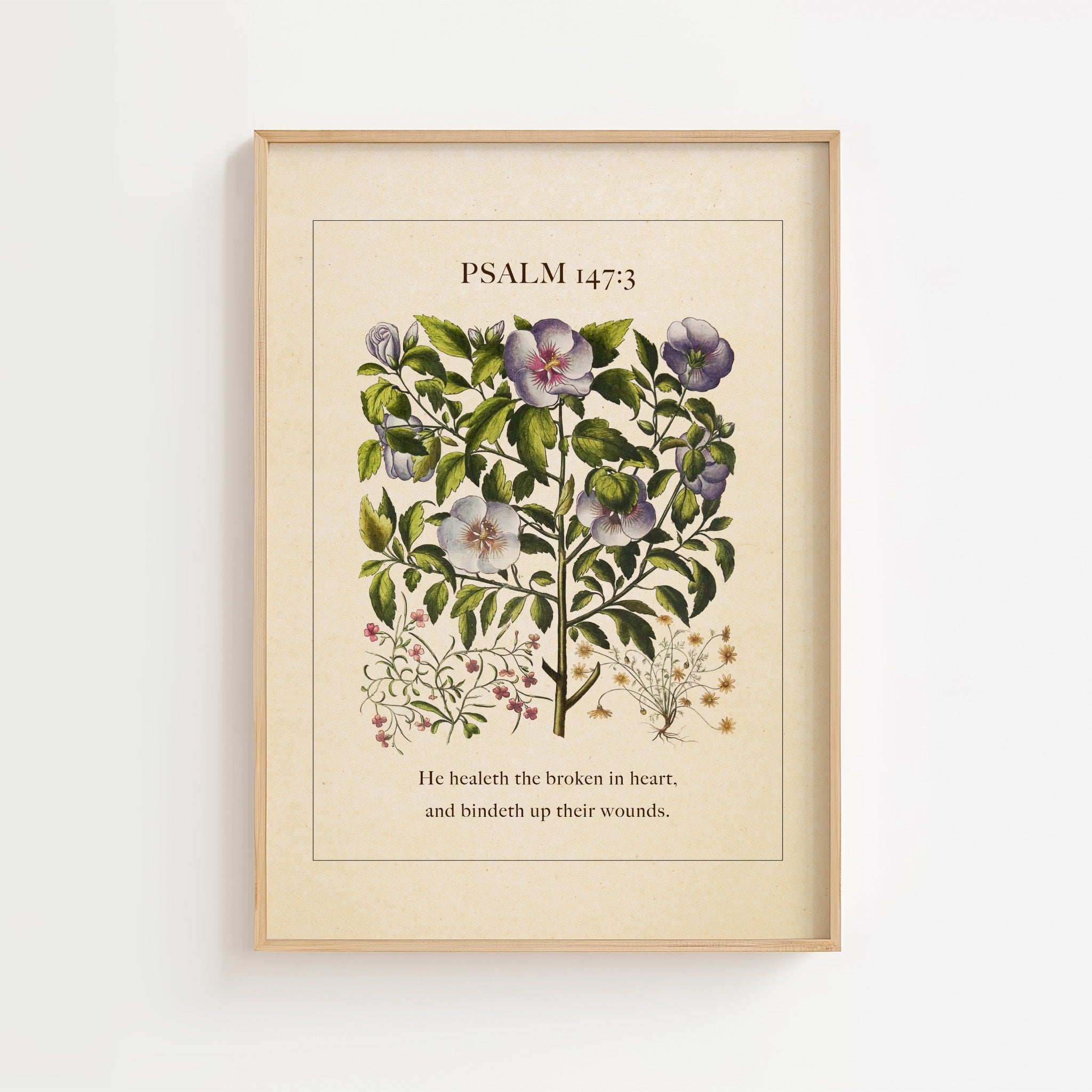 Psalm 147:3 – Vintage Botanical Scripture Print
