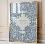 Close-up of the botanical art print featuring intricate blue floral patterns and Colossians 1:17, framed in natural wood and leaning against a paneled wall.