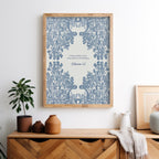 Botanical Bible verse print in blue tones displayed in a modern bedroom setting on a wooden dresser, complemented by a small potted plant and soft decor accents.