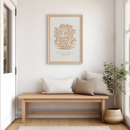 Vintage-inspired floral print with Romans 12:12 displayed above a wooden bench with pillows and greenery, creating a cozy and welcoming atmosphere.