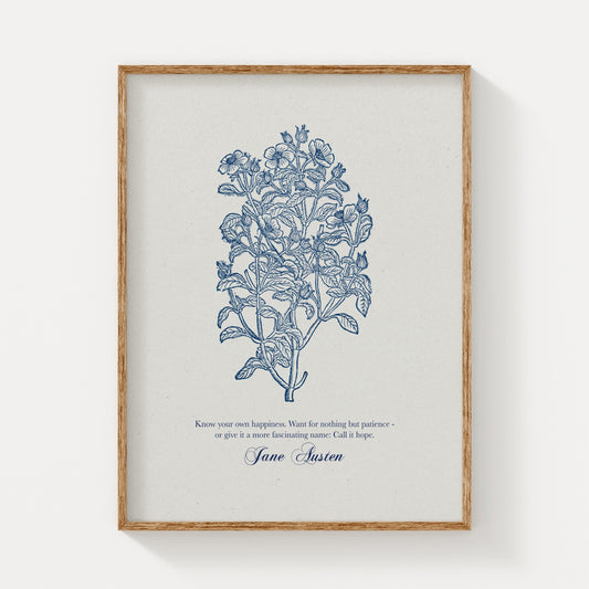 Minimalist botanical art print showcasing blue floral illustrations and a Jane Austen quote, framed in natural wood and displayed on a plain white background.