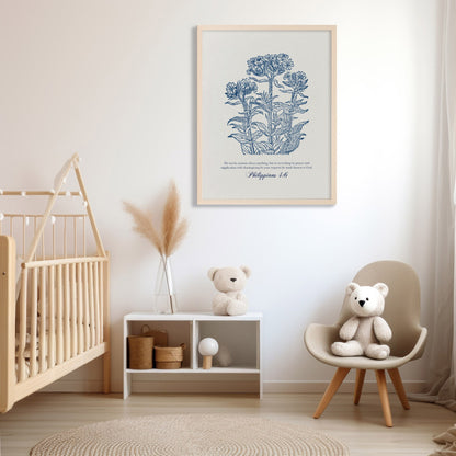 Philippians 4:6 botanical art print styled in a nursery setting above a wooden crib, with a minimalist aesthetic and soft, neutral tones.