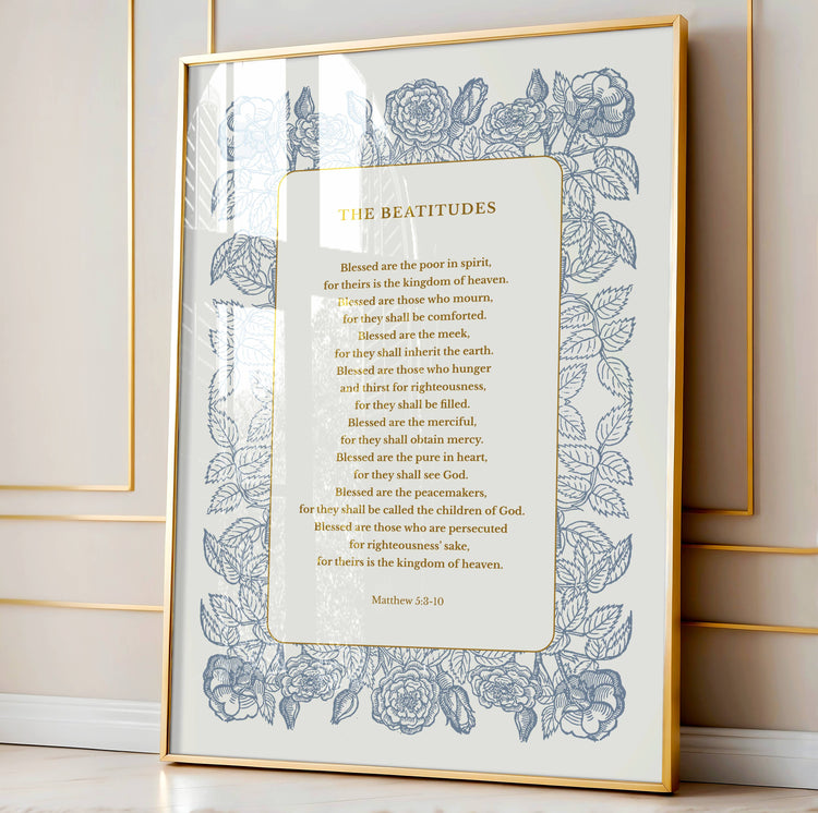 Beatitudes Scripture Print: Vintage Catholic Floral Art (Digital Download)