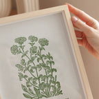 Framed botanical illustration with a hand holding the frame.