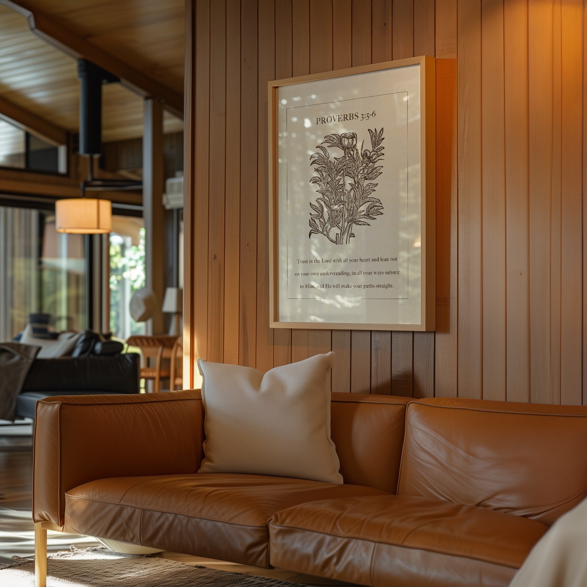 Brown leather sofa with a white pillow in a room with wooden walls and a framed botanical print.