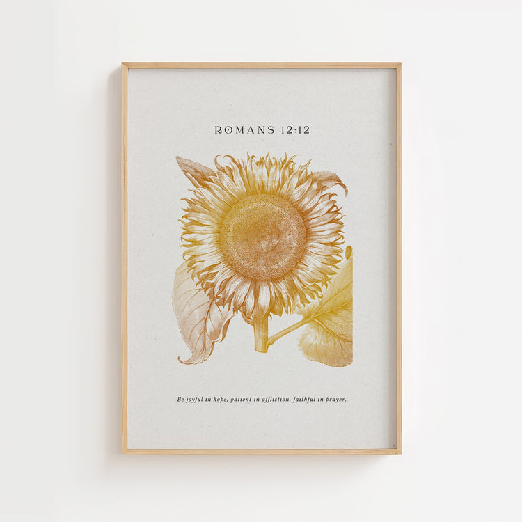 Romans 12:12 – Vintage Sunflower Botanical Scripture Print